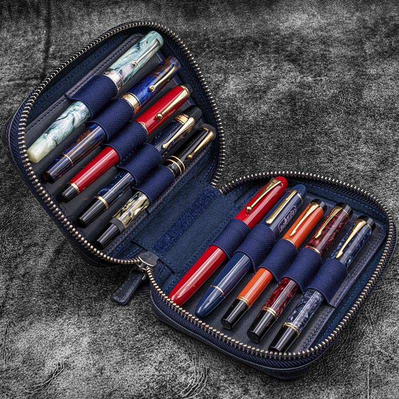 Galen Leather | Funda Expansi-Pouch Leather Wide 10 Slots Pen Case A6 Zip Folio Crazy Horse Navy Blue