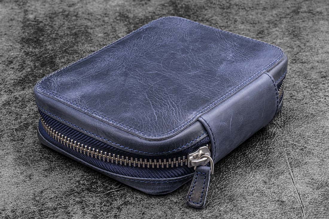 Galen Leather | Funda Expansi-Pouch Leather Wide 10 Slots Pen Case A6 Zip Folio Crazy Horse Navy Blue - Image 5