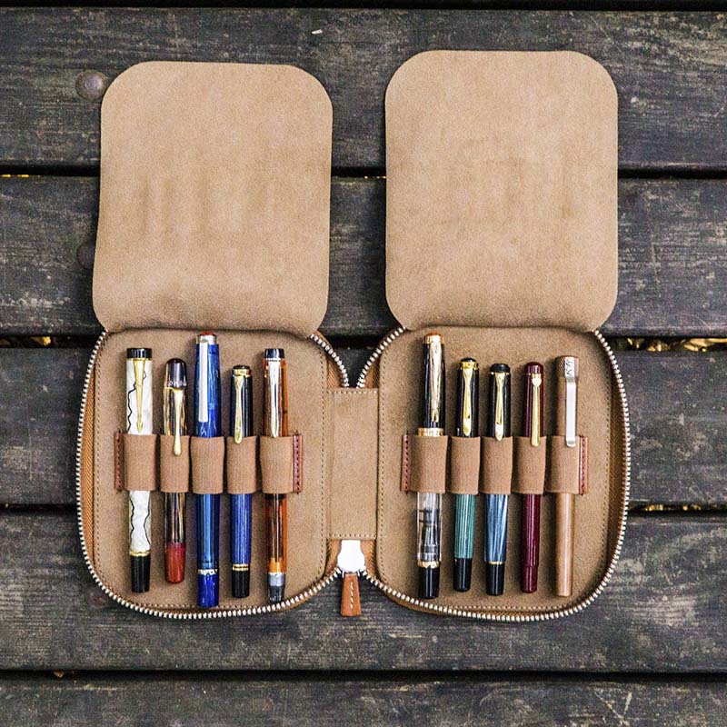 Galen Leather | Funda Leather Zippered 10 Slots Pen Case Brown