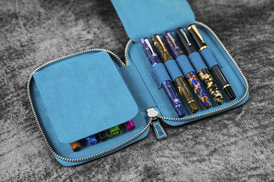 Galen Leather | Funda Leather Zippered 10 Slots Pen Case Crazy Horse Ocean Blue - Image 4
