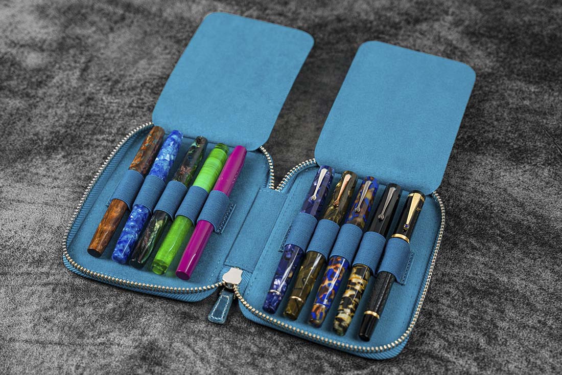 Galen Leather | Funda Leather Zippered 10 Slots Pen Case Crazy Horse Ocean Blue - Image 7
